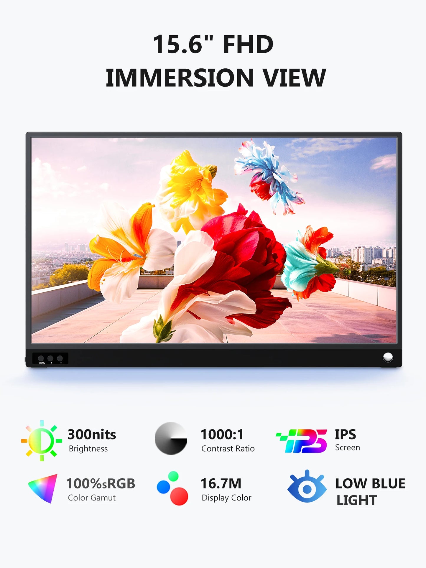 15.6" FHD immersion view monitor with colorful flower display on screen