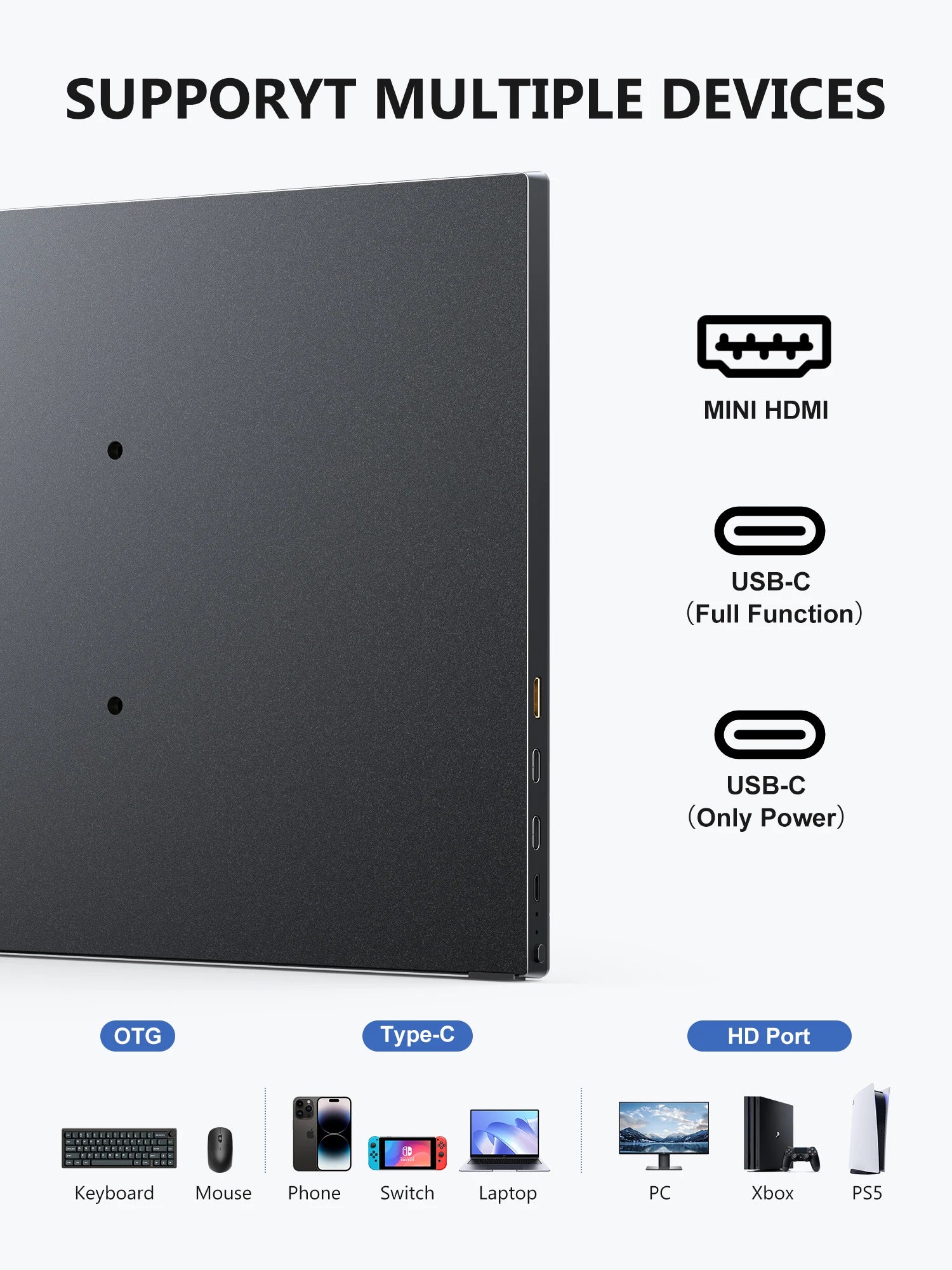 Black external hard drive with ports and connectivity options on a white background