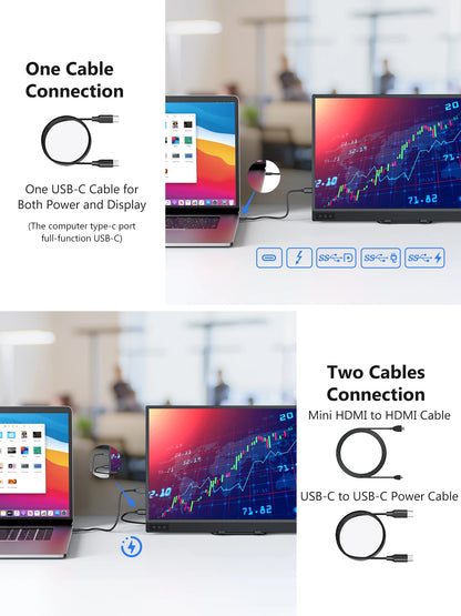 Laptop connected to two monitors with cable options on a blurred office background