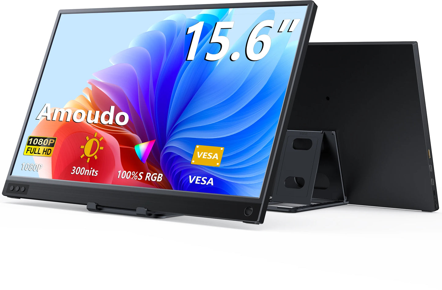 15.6-inch Amouodo monitor with colorful display and specifications on a white background