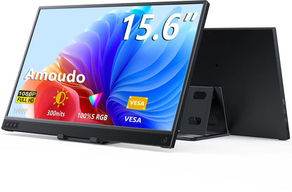 15.6-inch Amouodo monitor with colorful display and specifications on a white background