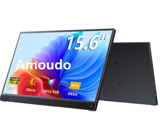 15.6-inch Amoudo monitor with colorful display and specifications on a white background