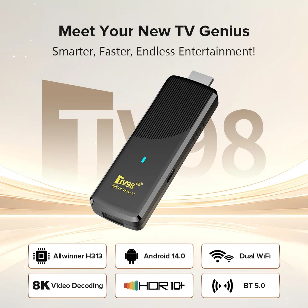 TV dongle with branding and features on a beige background
