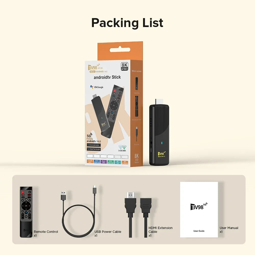 Packing list of an Android TV stick with packaging, remote control, cables, and user manual on a beige background.