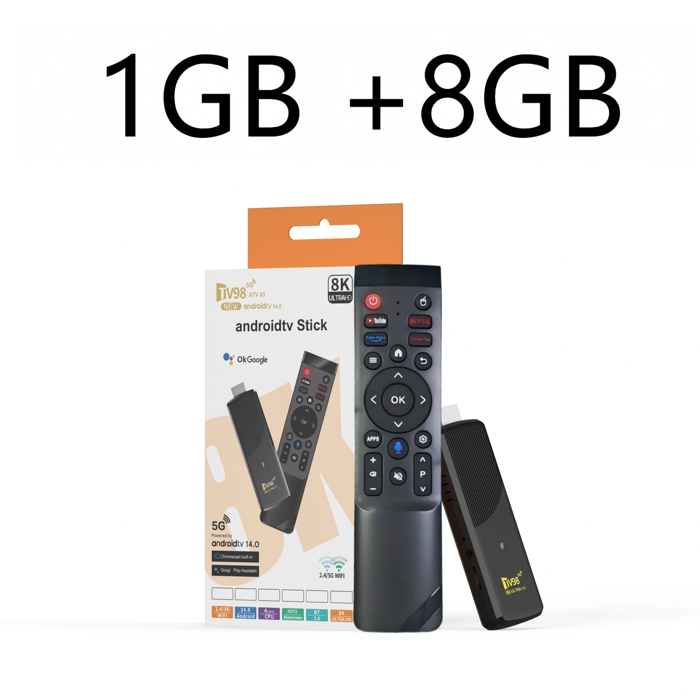 Android TV stick with remote control and packaging on a white background