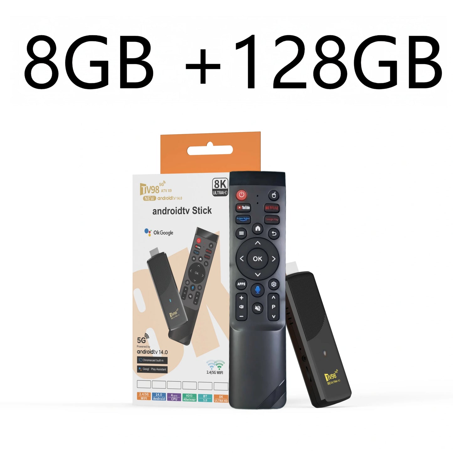 TV stick with remote control and packaging on a white background