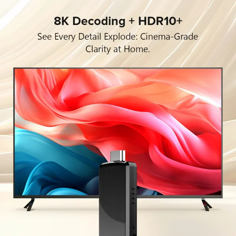 Smart TV with 8K decoding and HDR10+ technology, displaying vibrant colors on a screen.