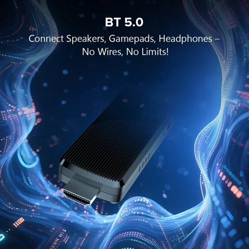 Bluetooth adapter with futuristic design and text about wireless connectivity on a dark background.