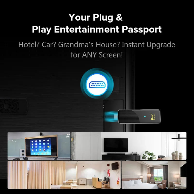Advertisement for a plug-and-play entertainment device with images of a hotel room, car interior, and bedroom.