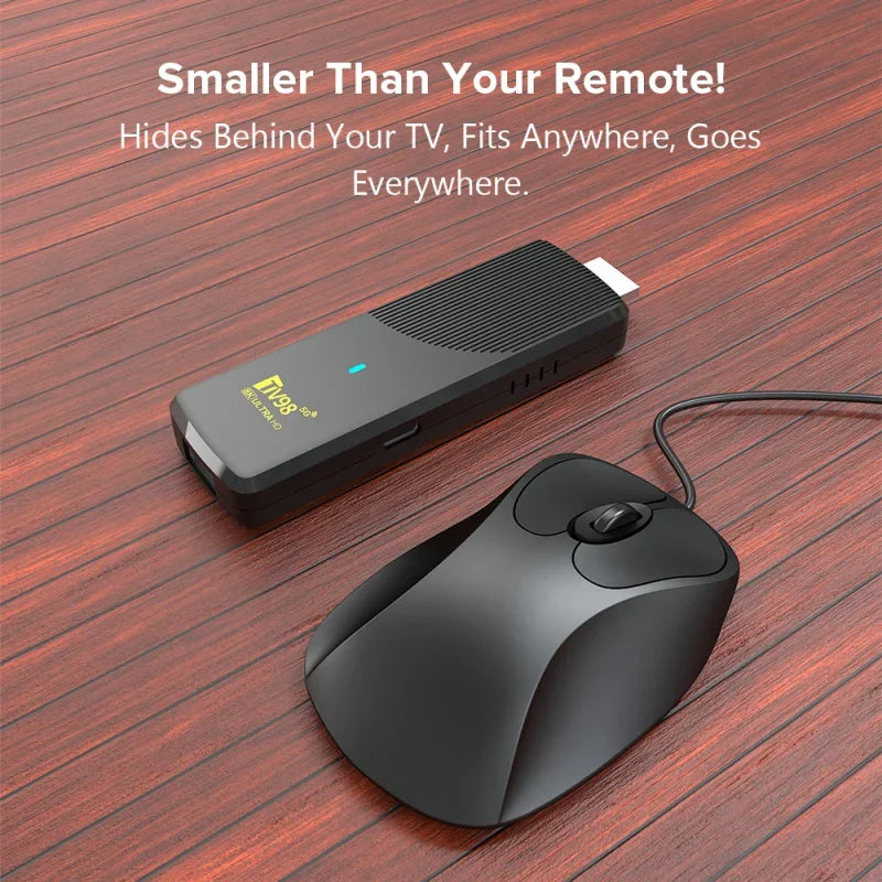 Small electronic device and mouse on a wooden surface with promotional text.