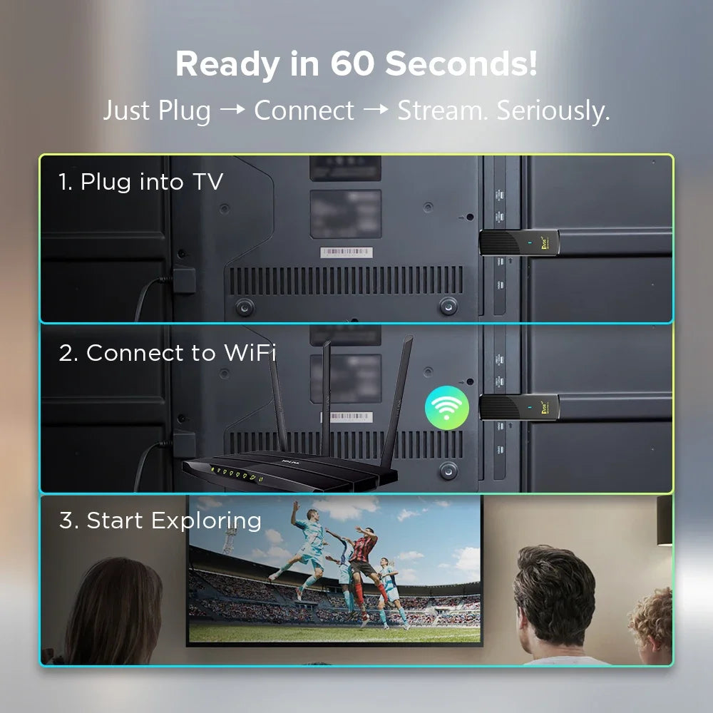 Step-by-step guide on how to set up a device with text 'Ready in 60 Seconds!' and images of plugging, connecting, and streaming.