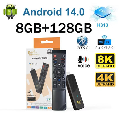 Android TV stick with remote control, packaging, and features displayed on a white background