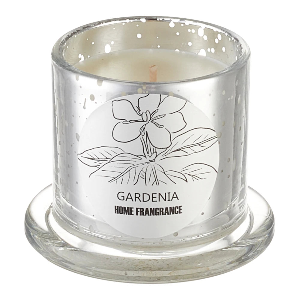 Glass candle with 'Gardenia Home Fragrance' label on a white background