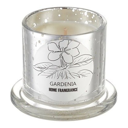 Glass candle with 'Gardenia Home Fragrance' label on a white background