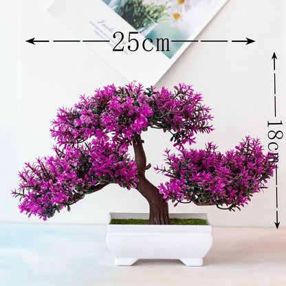 Artificial bonsai tree with purple flowers and measurements on a white background