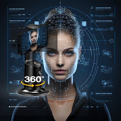 Woman with a smartphone and 360-degree camera setup, surrounded by technical diagrams and graphics.