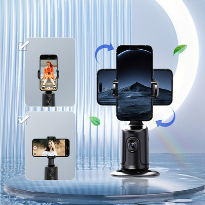 Phone holder with multiple smartphone screens displaying different scenes on a blue and white background