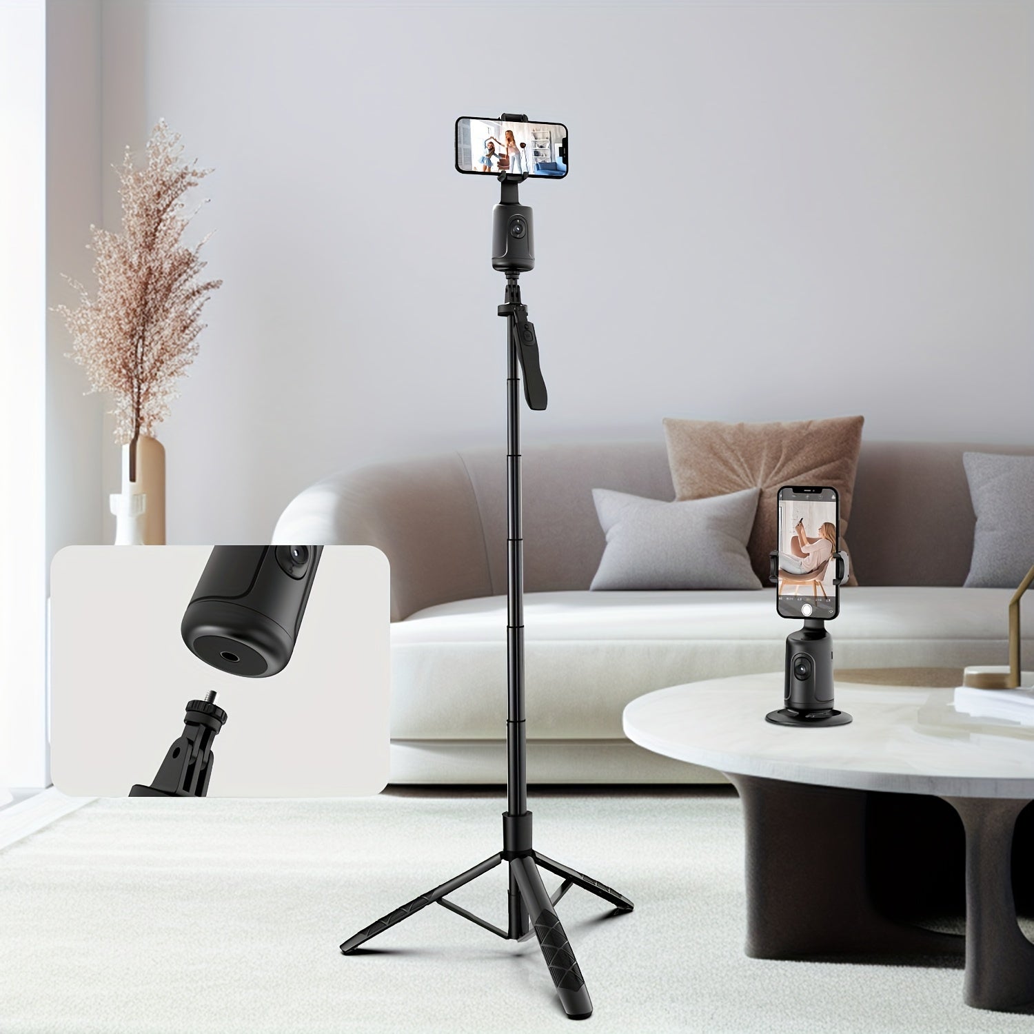 Smartphone mounted on a tripod in a living room setting