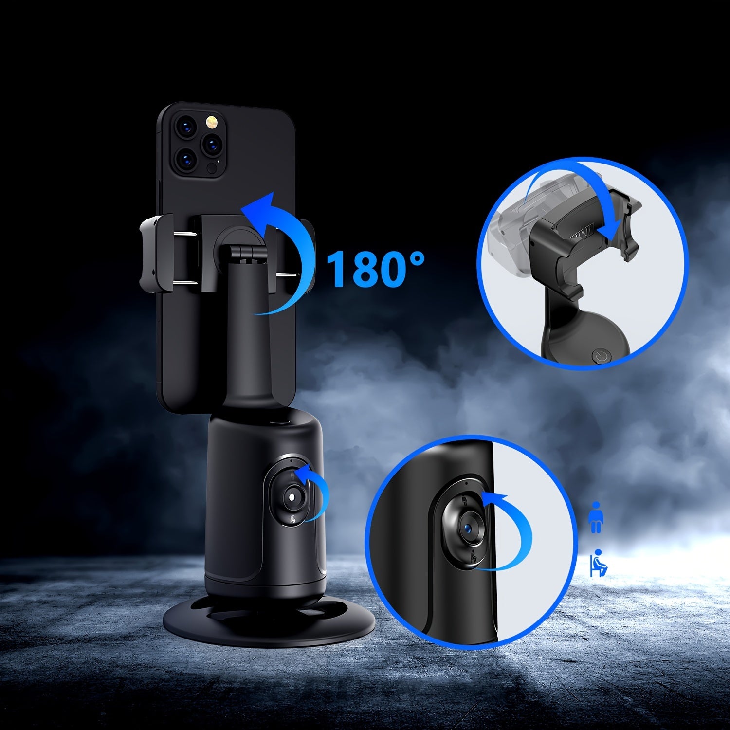Black smartphone holder with adjustable arm on a dark background