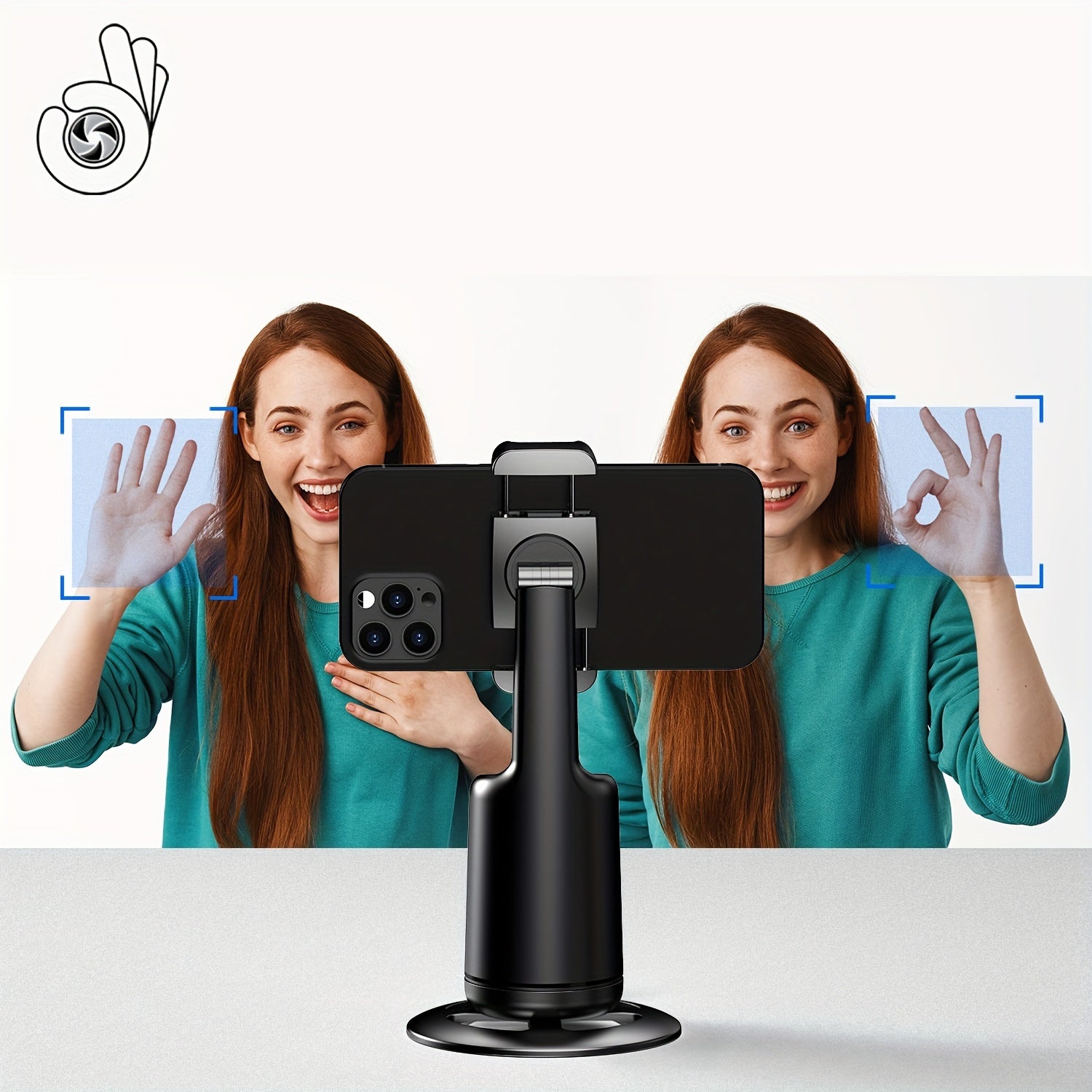 Woman holding a smartphone with a phone holder, with a reflection of herself on a white background.