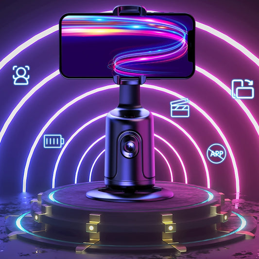 Phone holder with neon lights and icons on a dark background