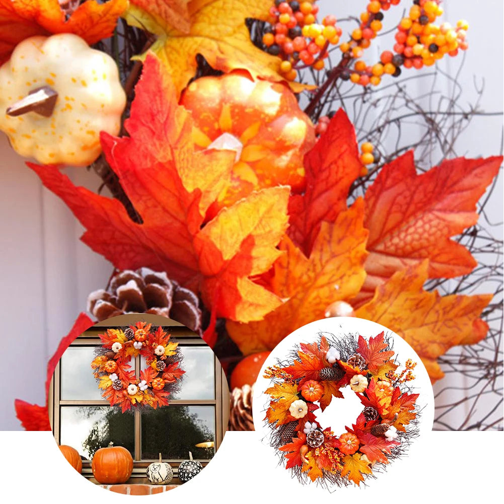 Decorative wreath with autumn leaves, pumpkins, and pinecones on a white background.