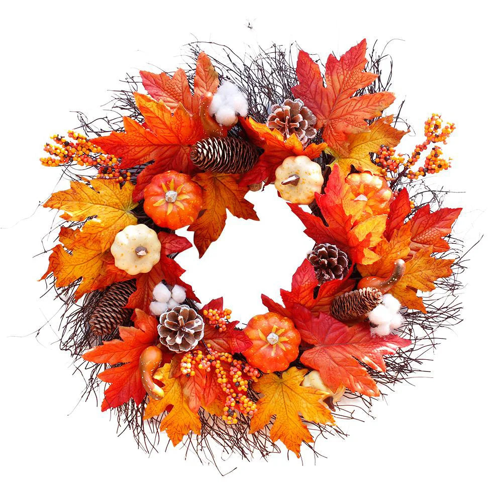 Autumn wreath with leaves, pumpkins, and pinecones on a white background