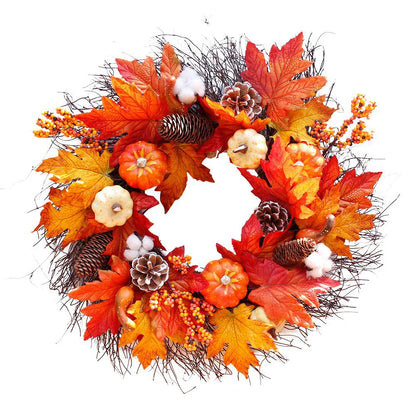 Autumn wreath with leaves, pumpkins, and pinecones on a white background