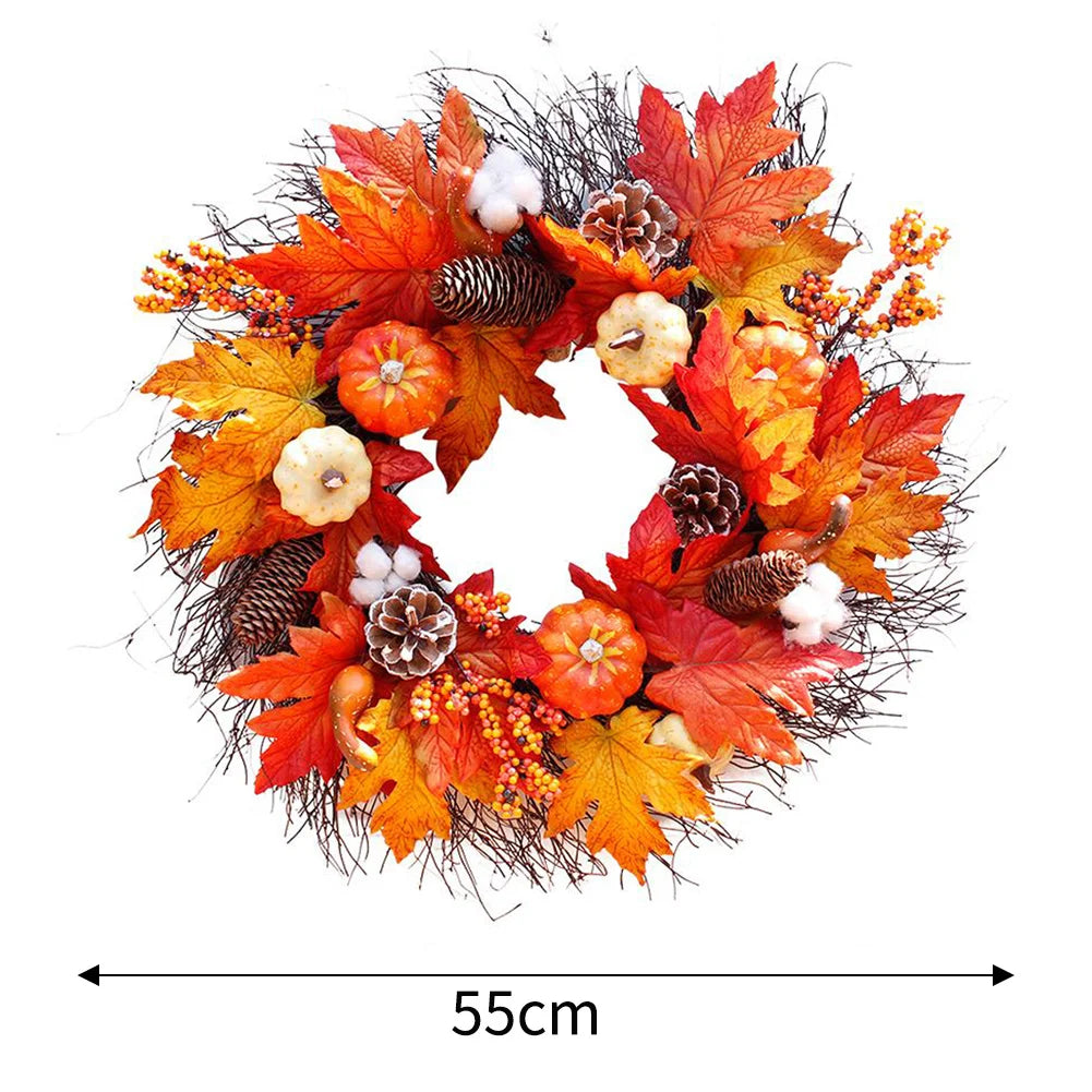 Autumn-themed wreath with leaves, pumpkins, and pinecones, labeled '55cm'.