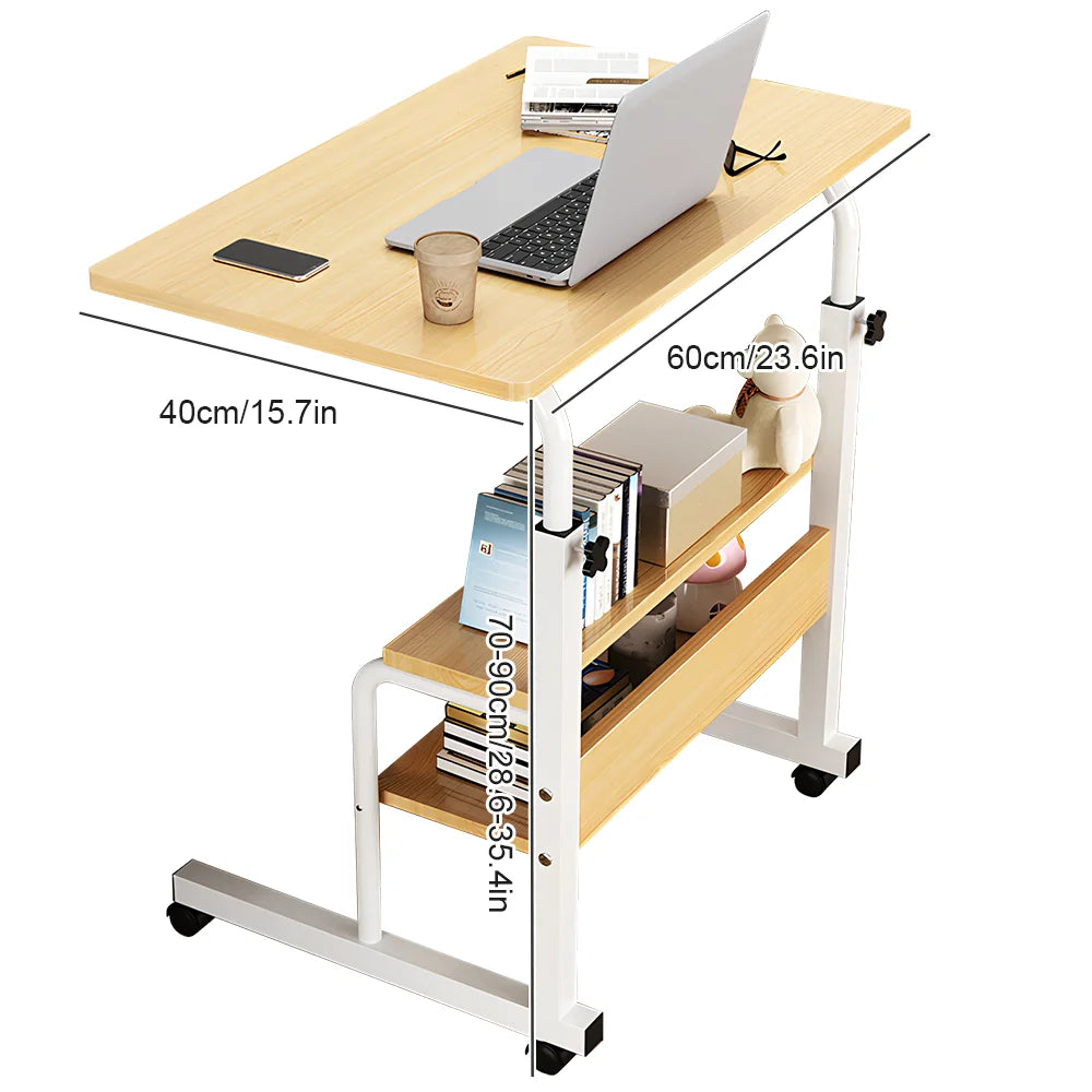 Wooden desk with shelves, laptop, and books with dimensions labeled.