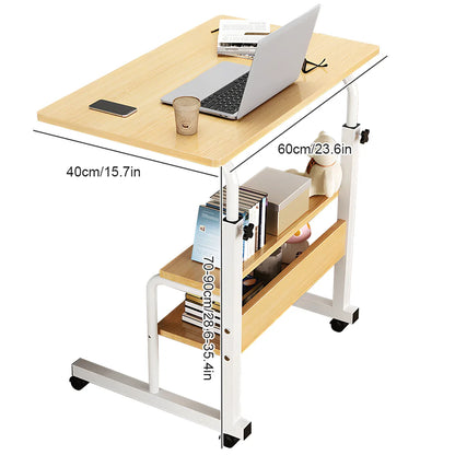 Wooden desk with shelves, laptop, and books with dimensions labeled.