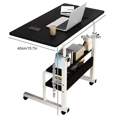 Black computer desk with measurements on a white background