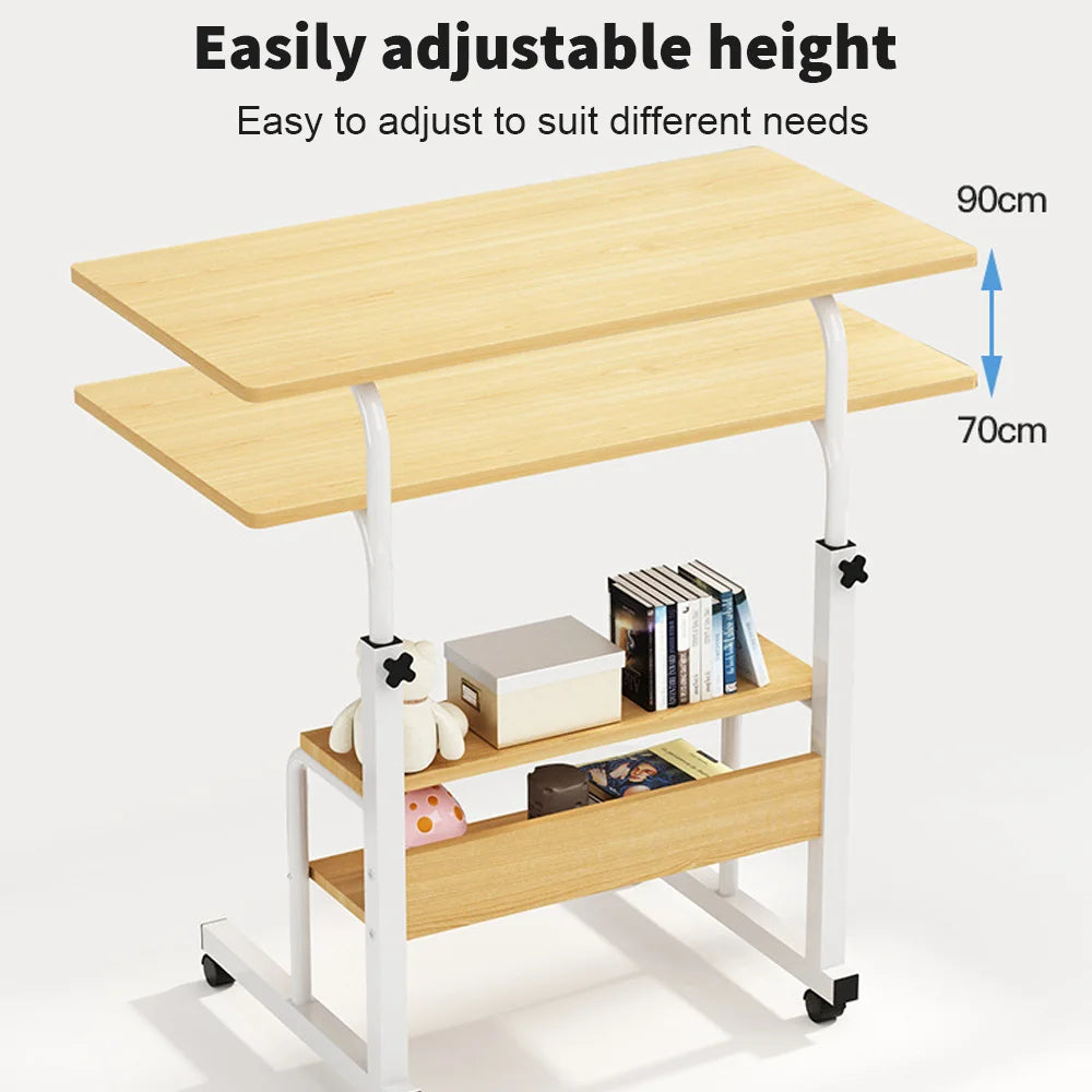 Adjustable height desk with shelves and books on a white background