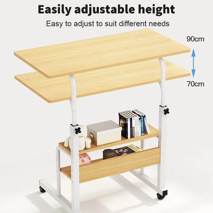 Adjustable height desk with shelves and books on a white background
