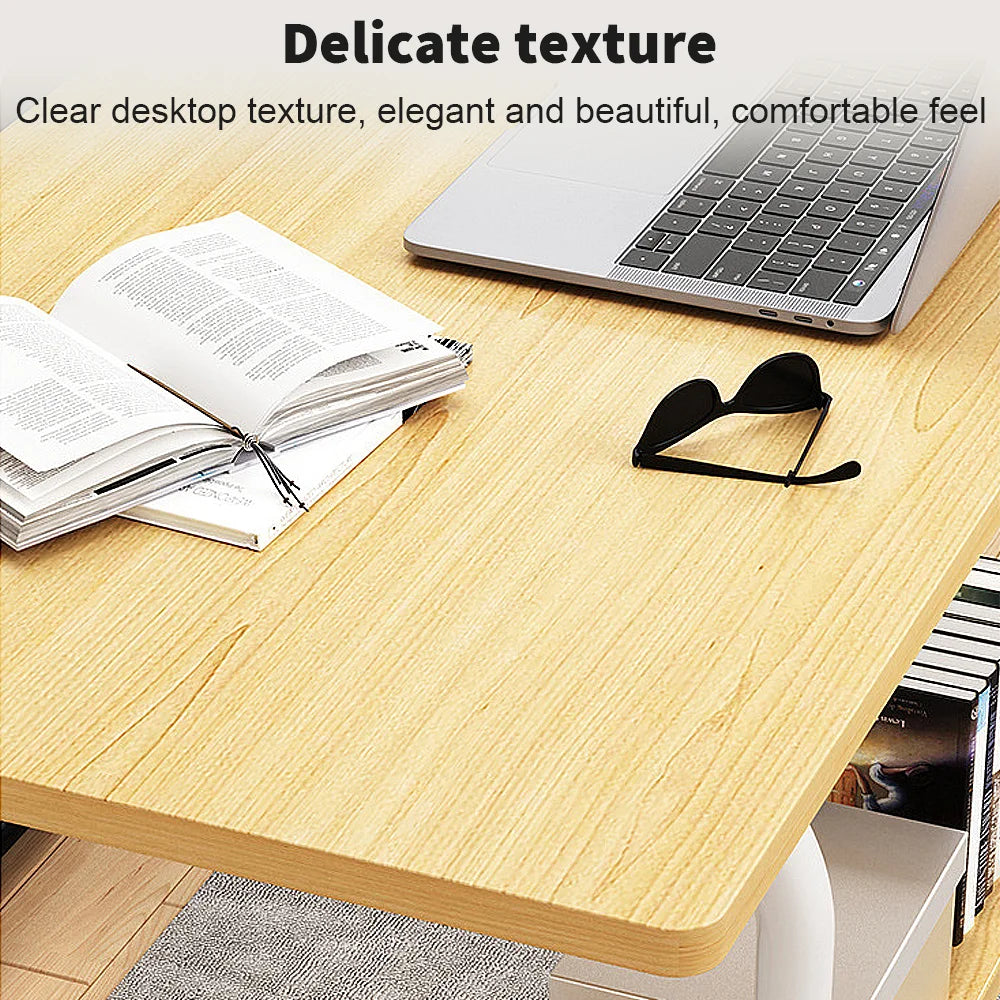 Wooden desk with laptop, open book, and sunglasses on a clear desktop texture.