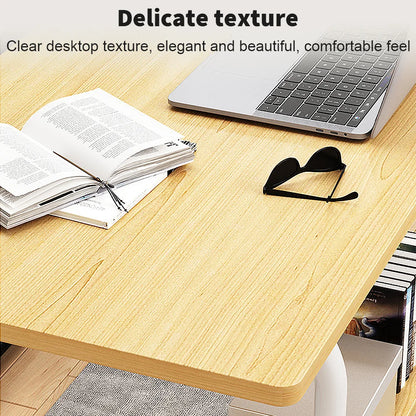 Wooden desk with laptop, open book, and sunglasses on a clear desktop texture.