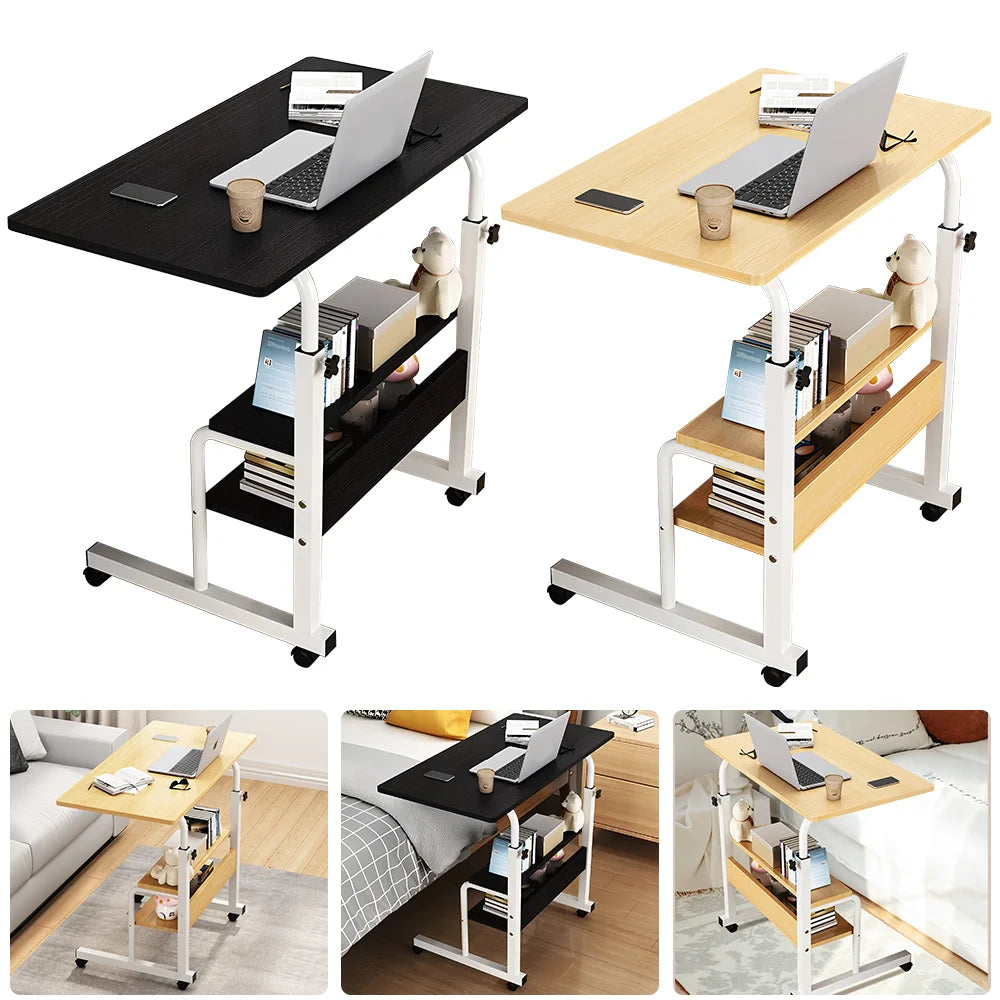 Collage of a adjustable standing desk in various settings with laptops and books.