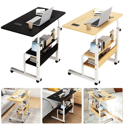 Collage of a adjustable standing desk in various settings with laptops and books.