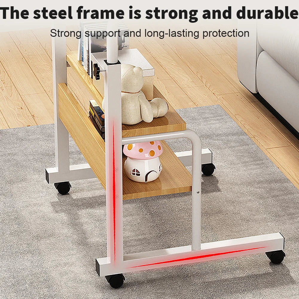 Metal shelf with wheels in a living room setting, emphasizing durability.