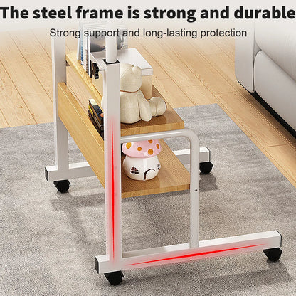 Metal shelf with wheels in a living room setting, emphasizing durability.