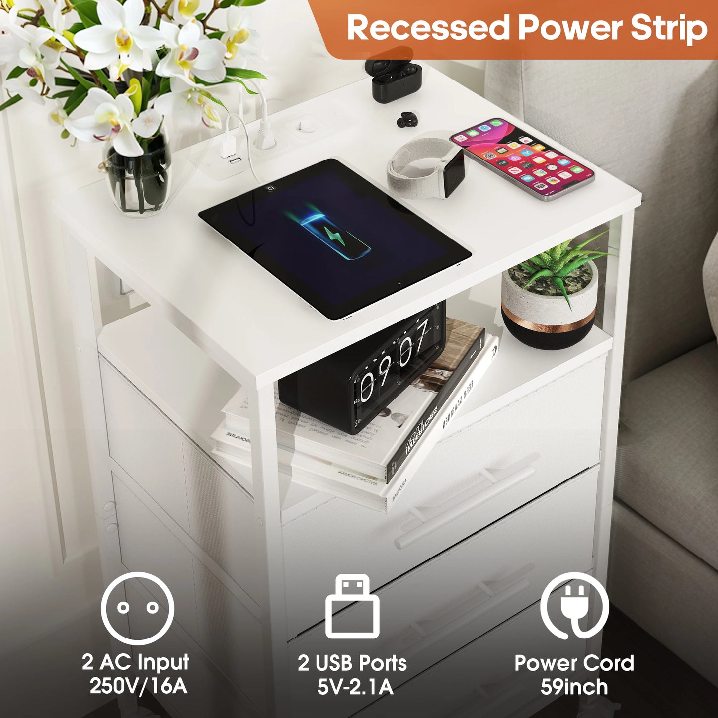 White nightstand with electronic devices and a tablet on a blurred background