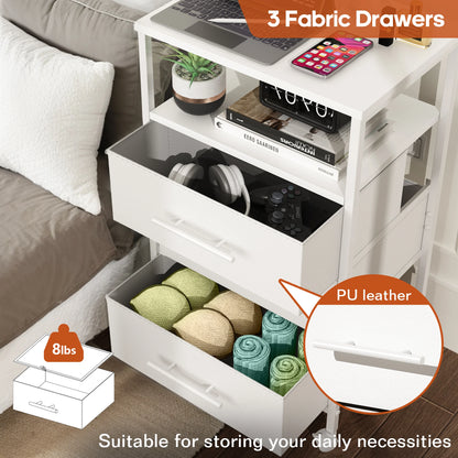 White nightstand with fabric drawers, books, a plant, and a phone on top, suitable for storing daily necessities.