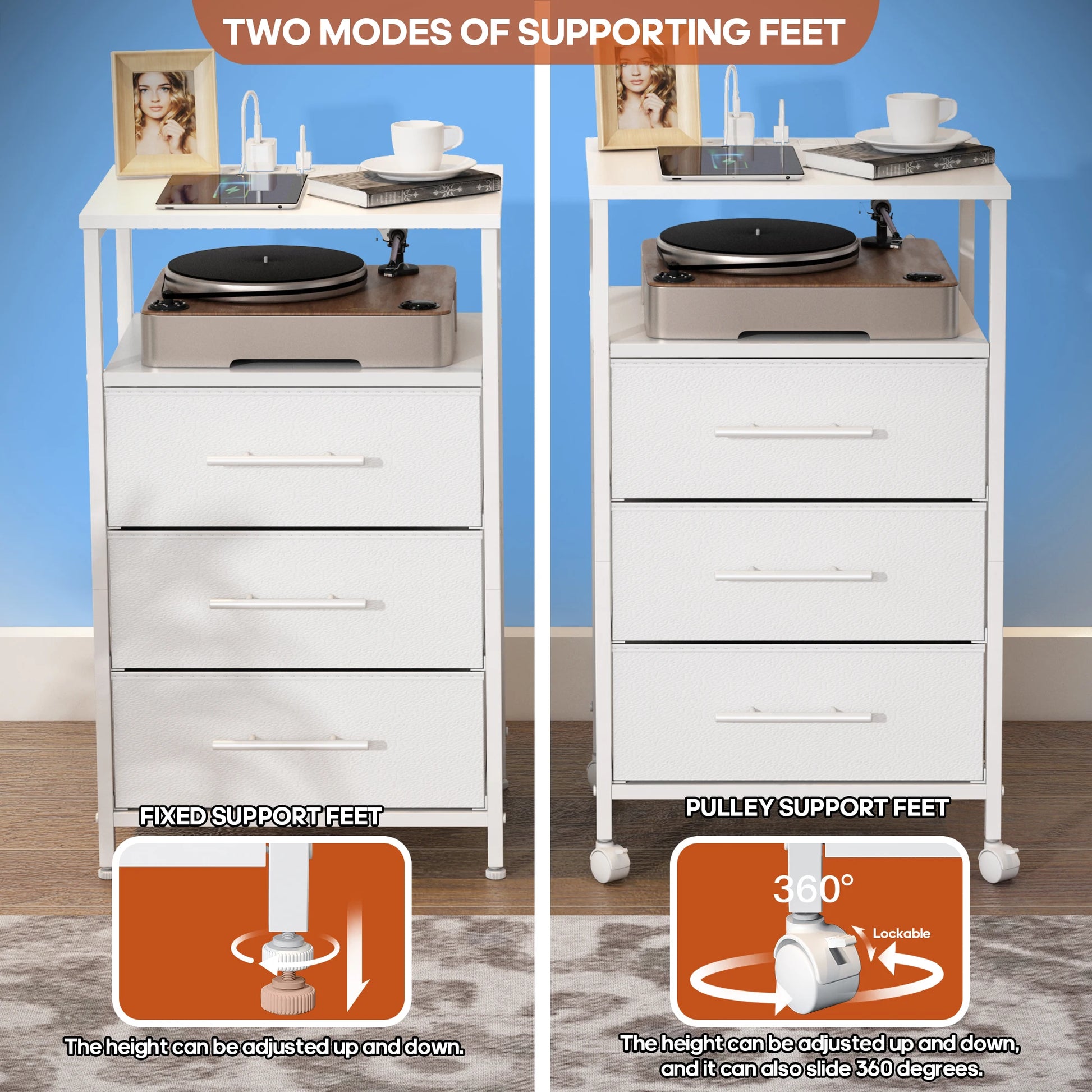 White cabinet with adjustable feet on a blue and brown gradient background