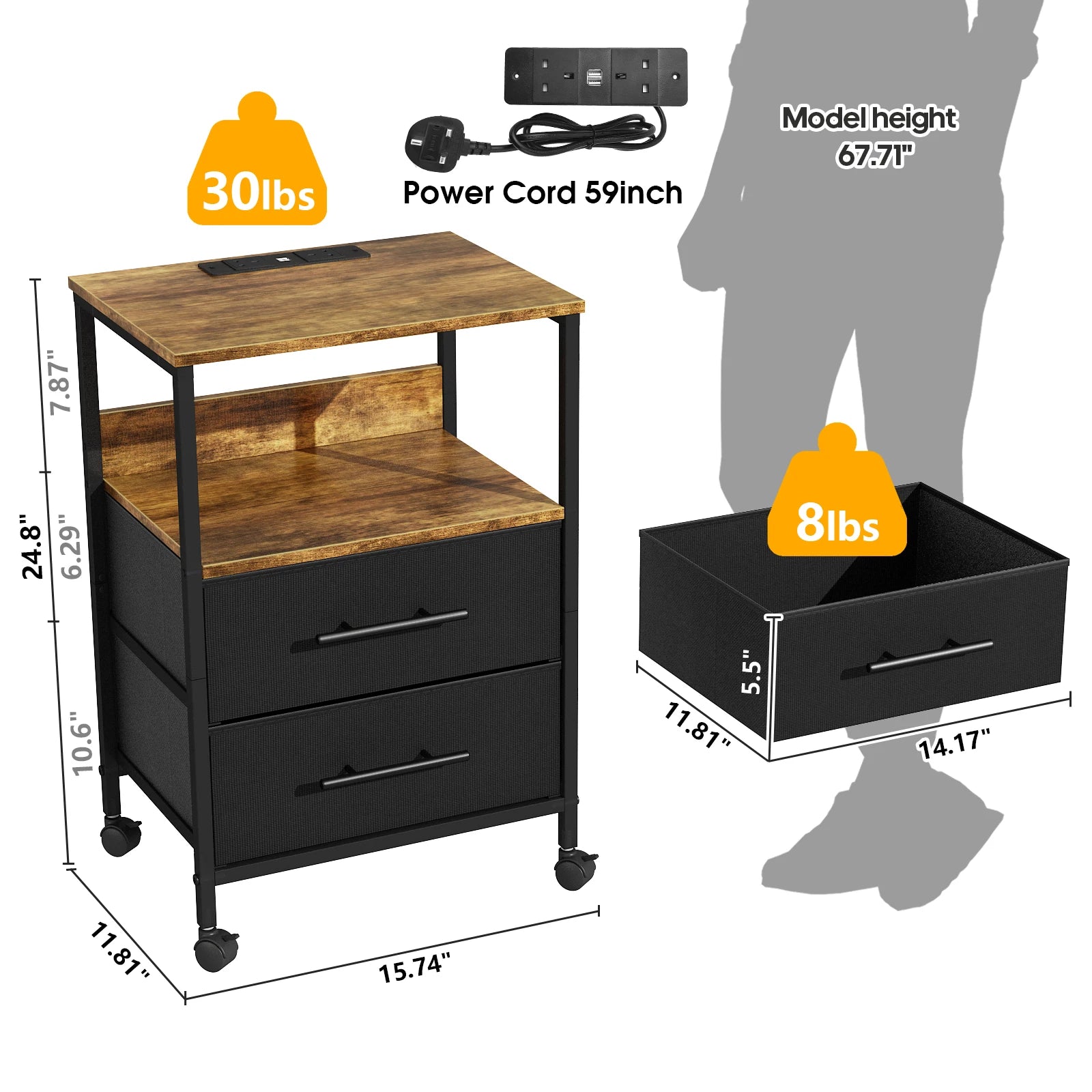 Black metal nightstand with wooden top, dimensions, weight, and power cord information displayed.