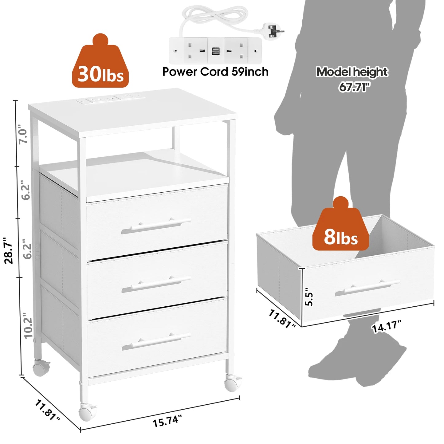 White three-drawer cart with measurements and weight information on a white background