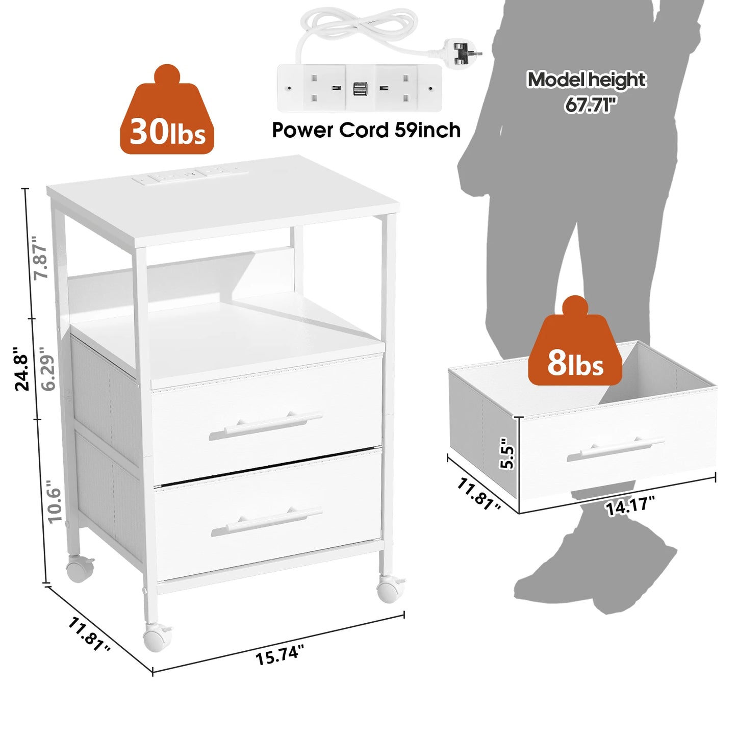White rolling cart with dimensions, weight, power cord length, and height measurements displayed.
