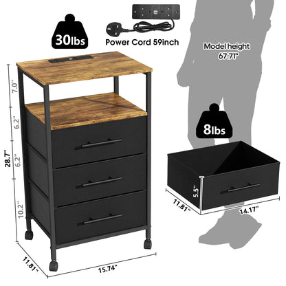 Black metal nightstand with wooden top, power cord, and dimensions displayed.