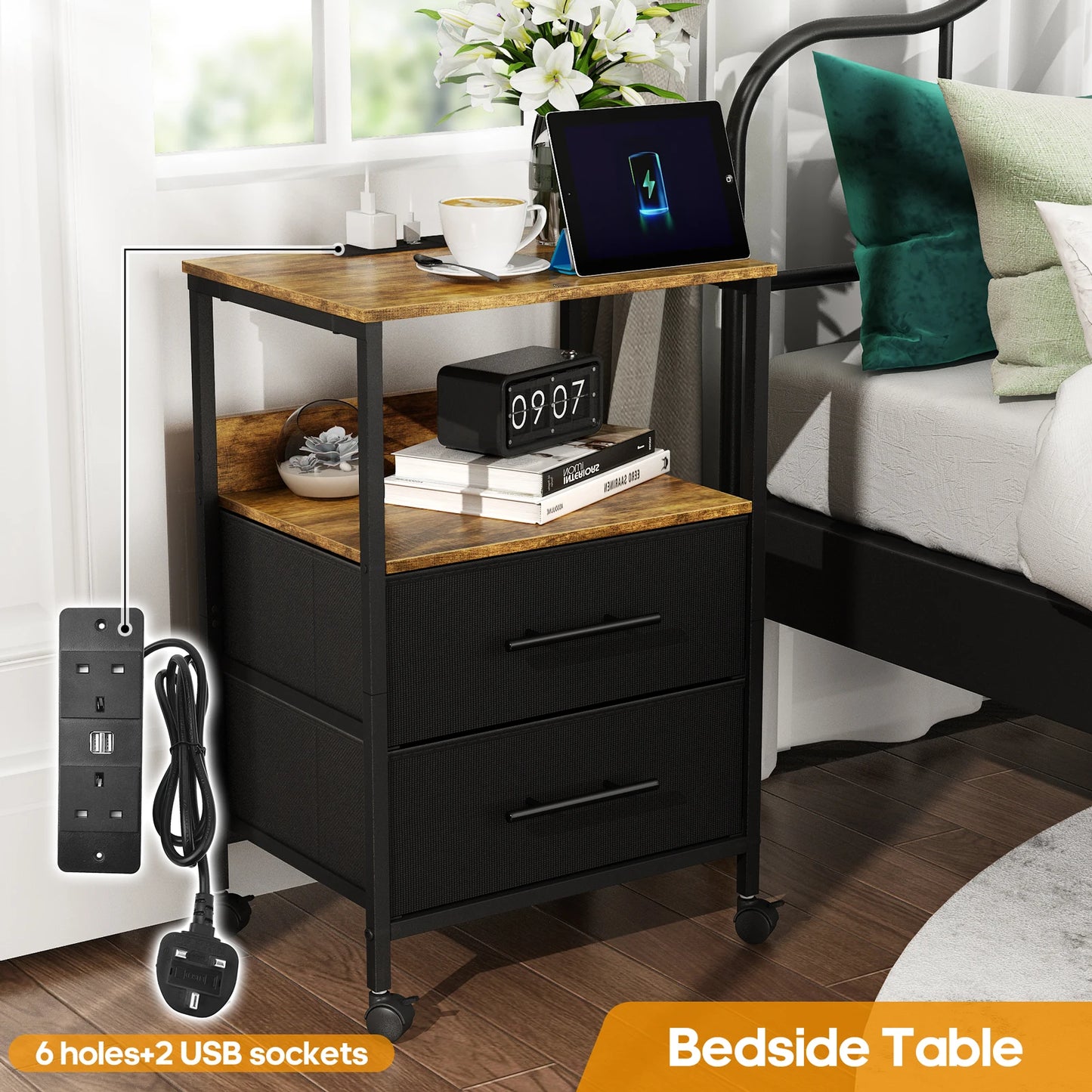 Bedside table with wooden top and black metal frame, featuring a laptop, alarm clock, and books in a bedroom setting.