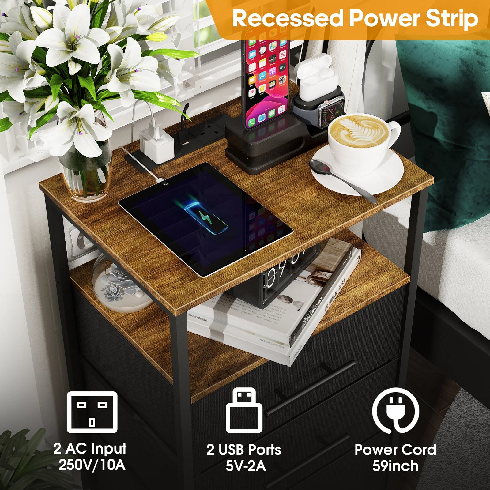 Wooden side table with tablet, coffee, and books, featuring a recessed power strip.