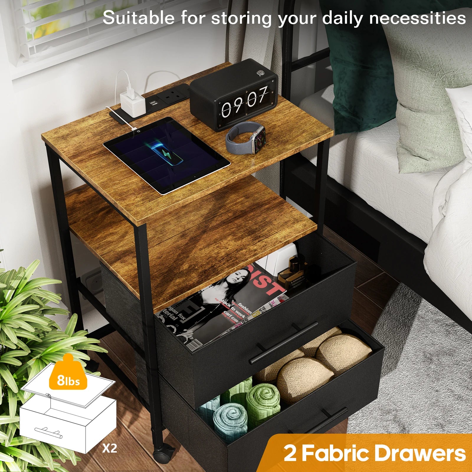 Wooden nightstand with fabric drawers, tablet, alarm clock, and other items in a bedroom setting.